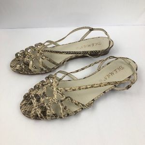 Delman Snake Print Leather Low Wedge Flat Sandals